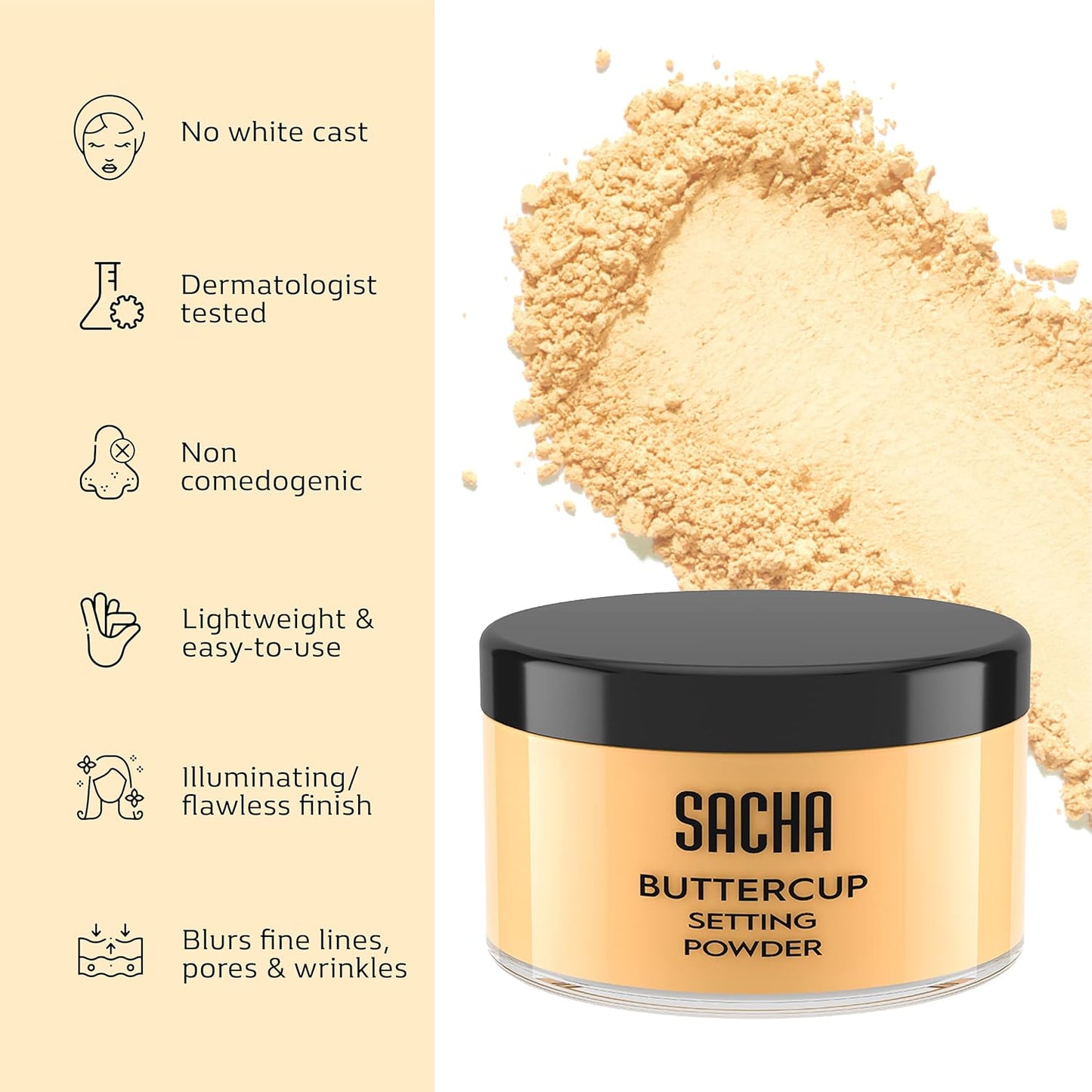 Sacha Buttercup Translucent Setting Powder for Oily Skin - 1.75 Oz. Finishing Loose Powder for Medium to Dark Skin Tones, Blurs Fine Lines and Pores